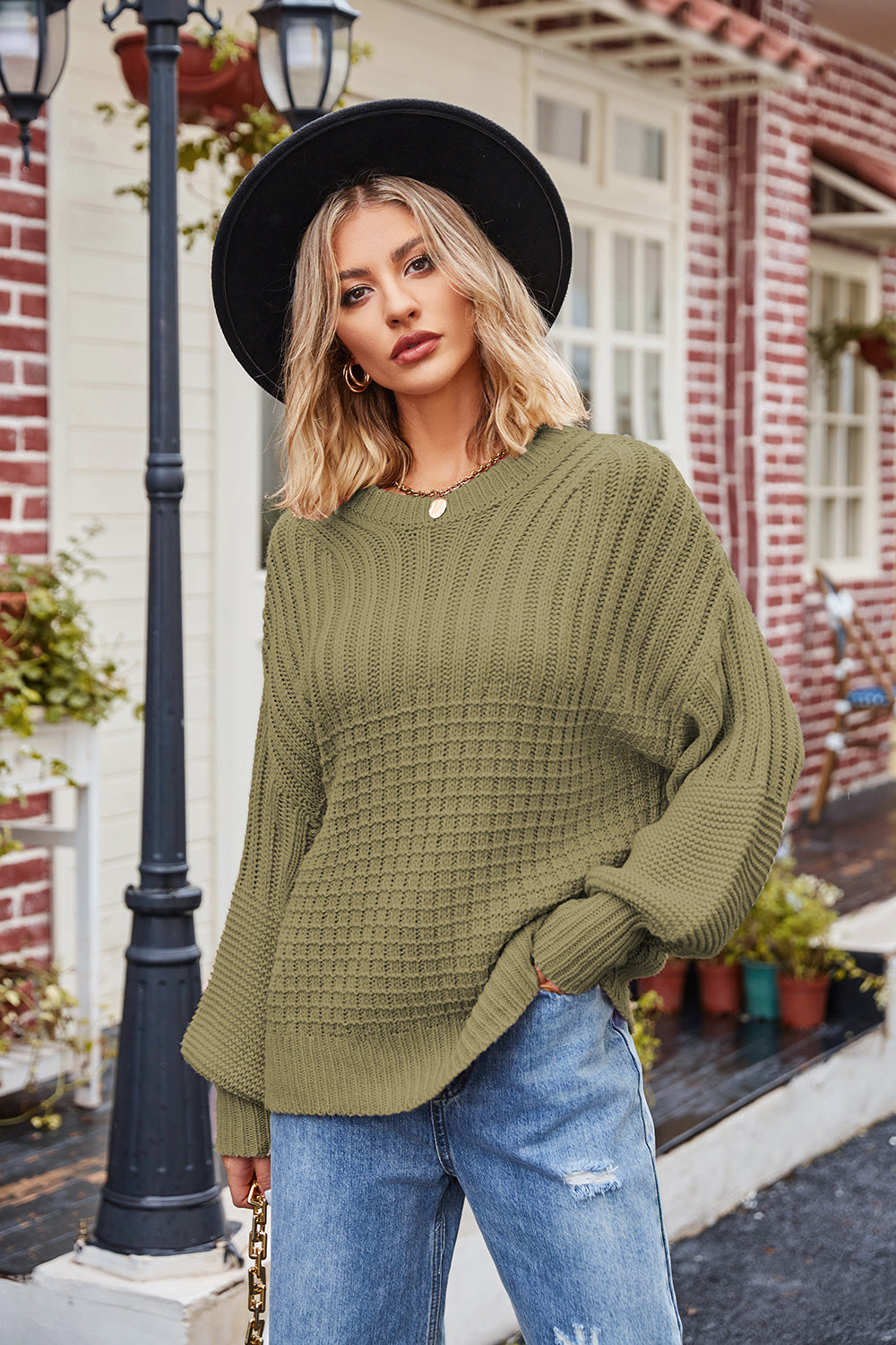 Camel Ribbed Drop Shoulder Lantern Sleeve Sweater