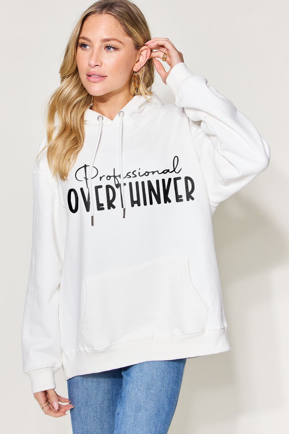 Simply Love Full Size PROFESSIONAL OVERTHINKER Graphic Drawstring Long Sleeve Hoodie - SELFTRITSS   