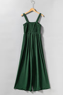 Green Smocked Sleeveless Wide Leg Jumpsuit with Pockets - SELFTRITSS