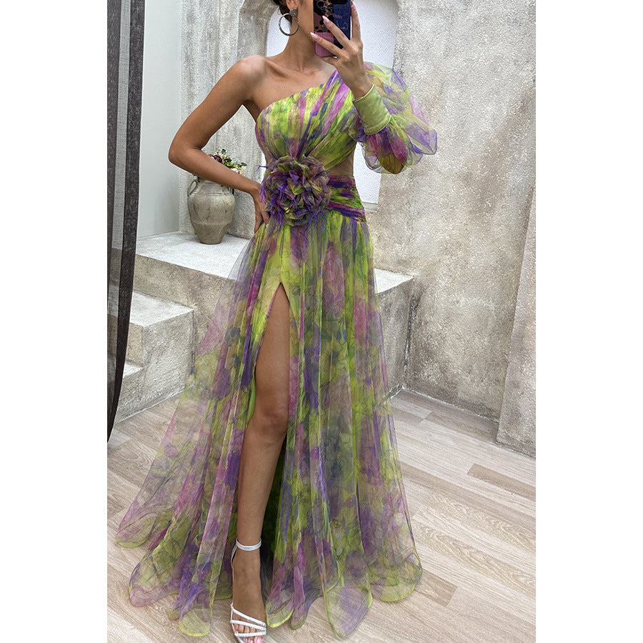 Sloping Shoulder High Slit Maxi Dress