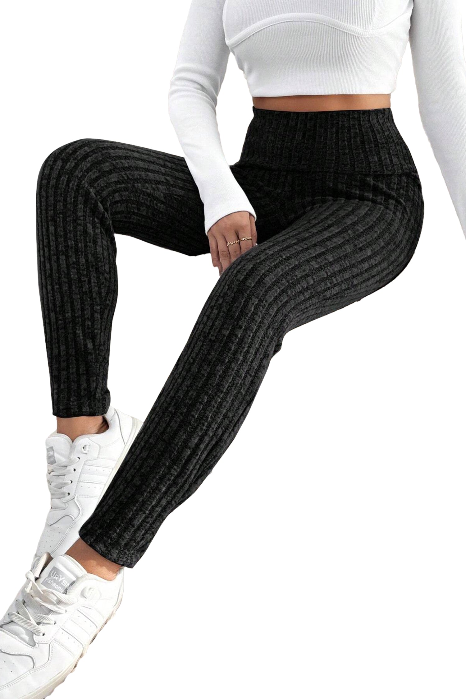 Black Wide Waistband Ribbed Textured Knit Leggings - SELFTRITSS   