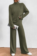 Jungle Green Ribbed Knit High Neck Loose Top and Pants Set - SELFTRITSS