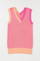 Strawberry Pink Contrast Chevron Knit V Neck Sweater Vest - SELFTRITSS   