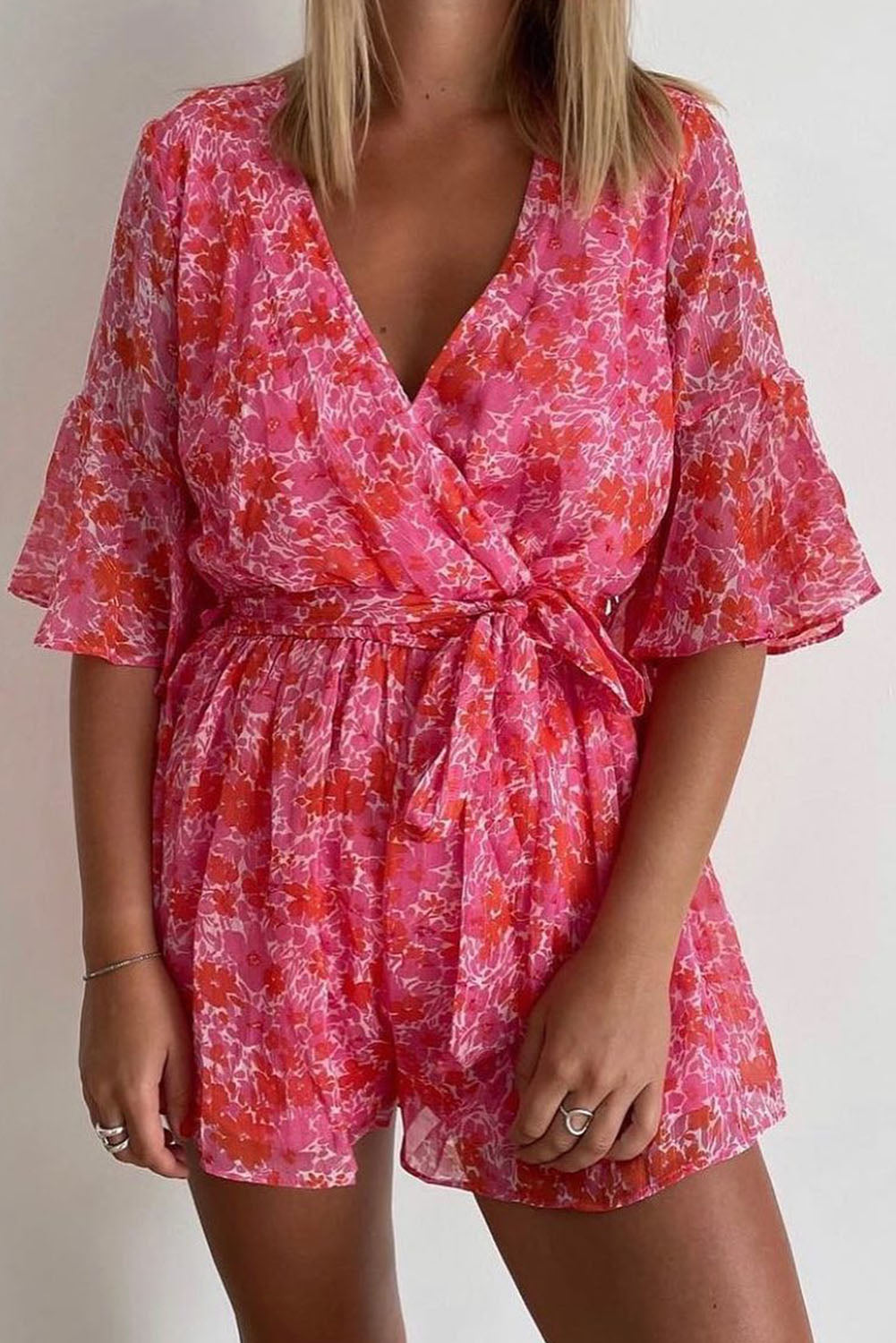 Pink V Neck Ruffled Sleeve Floral Romper - SELFTRITSS