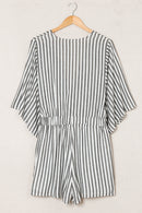 Gray 3/4 Wide Kimono Sleeves Tie Front Striped Romper with Pockets - SELFTRITSS   