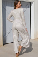 Light Grey Mix Striped Long Sleeve Wide Leg Jumpsuit - SELFTRITSS