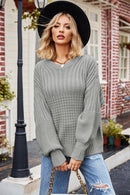 Camel Ribbed Drop Shoulder Lantern Sleeve Sweater