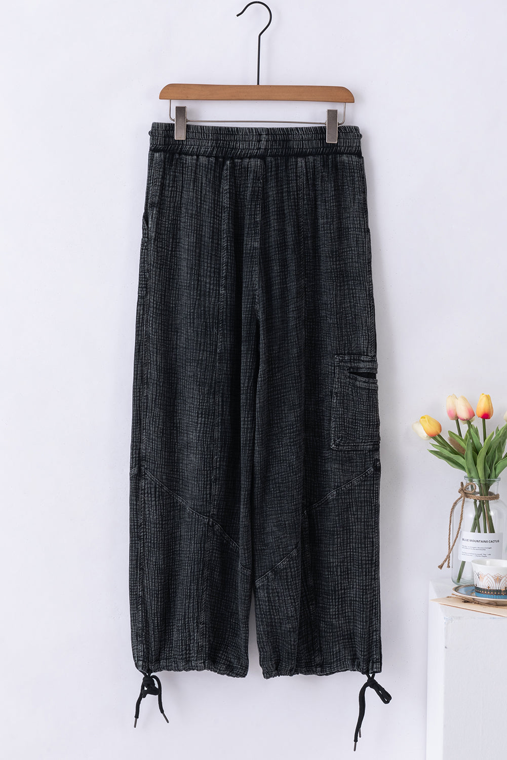 Black Mineral Wash Textured Drawstring Wide Leg Pants - SELFTRITSS   