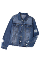 Dark Blue Plus Size Distressed Flap Pocket Denim Jacket - SELFTRITSS