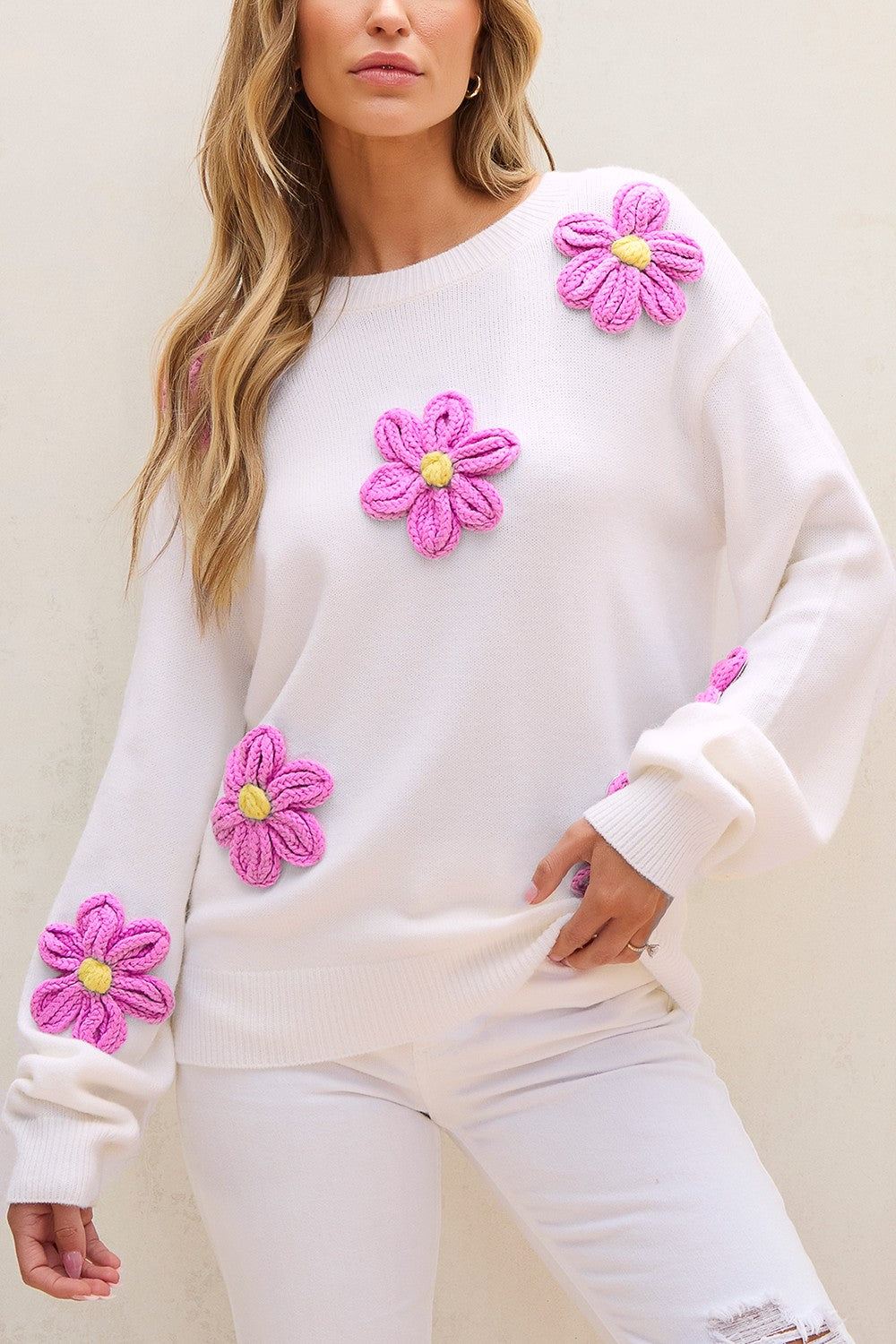 Crochet Flower Round Neck Long Sleeve Sweater - SELFTRITSS   