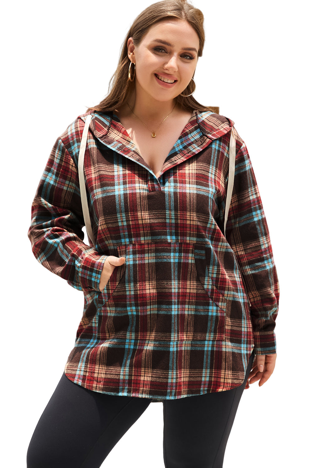 Fiery Red Plus Size Plaid Kangaroo Pocket Drawstring Hoodie - SELFTRITSS   