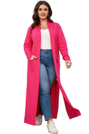 Strawberry Pink Plus Size Side Split Pockets Duster Cardigan - SELFTRITSS   