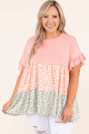 Pink Ruffled Short Sleeve Leopard Splicing Flowy Plus Size Top - SELFTRITSS   