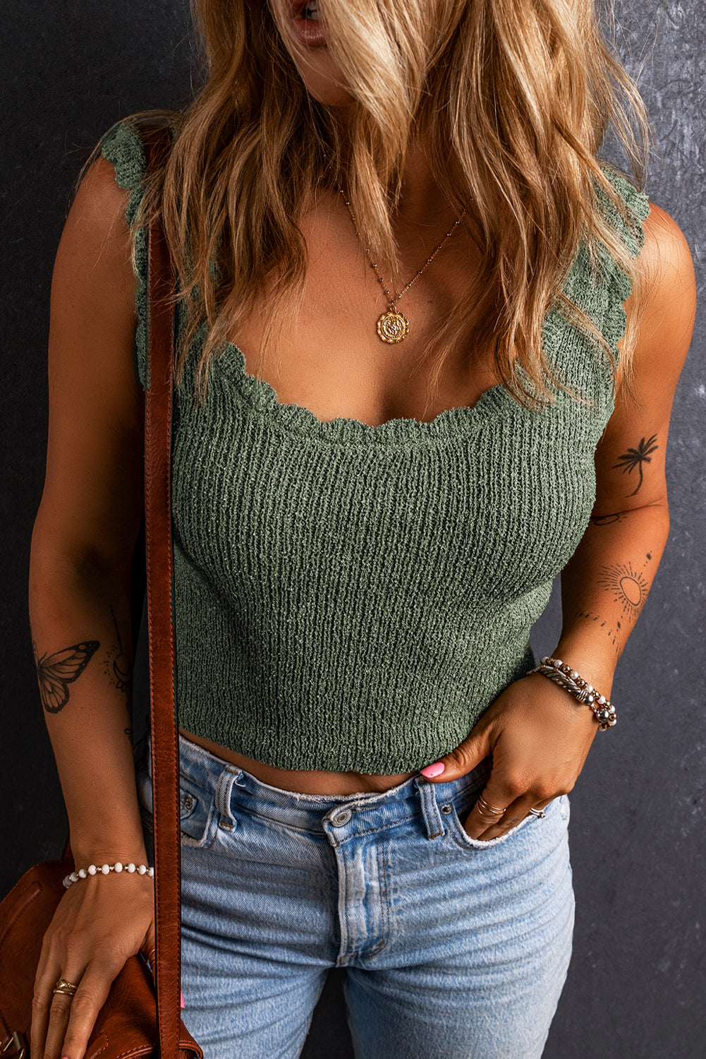 Mist Green U Neck Scallop Trim Sweater Vest - SELFTRITSS   