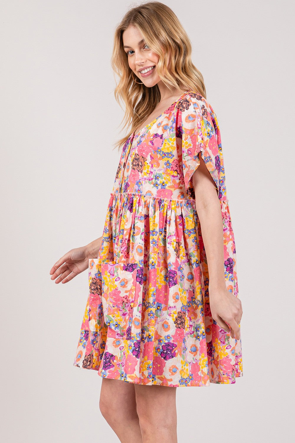 Floral Short Sleeve Babydoll Dress with Pockets - SELFTRITSS   