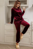 Fiery Red Solid Velvet Two Piece Lounge Set - SELFTRITSS