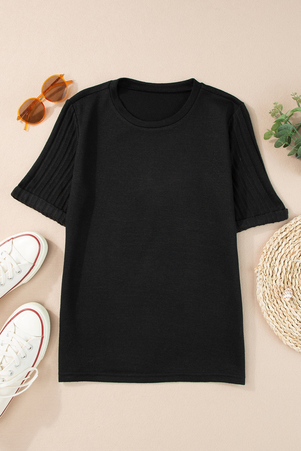 Black Ribbed Splicing Sleeve Round Neck T-shirt - SELFTRITSS