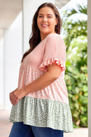 Pink Ruffled Short Sleeve Leopard Splicing Flowy Plus Size Top - SELFTRITSS   