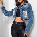 Fringe Detail Long Sleeve Cropped Denim Jacket - SELFTRITSS