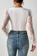 White Frenchy Contrast Lace Bishop Sleeve Bodysuit - SELFTRITSS