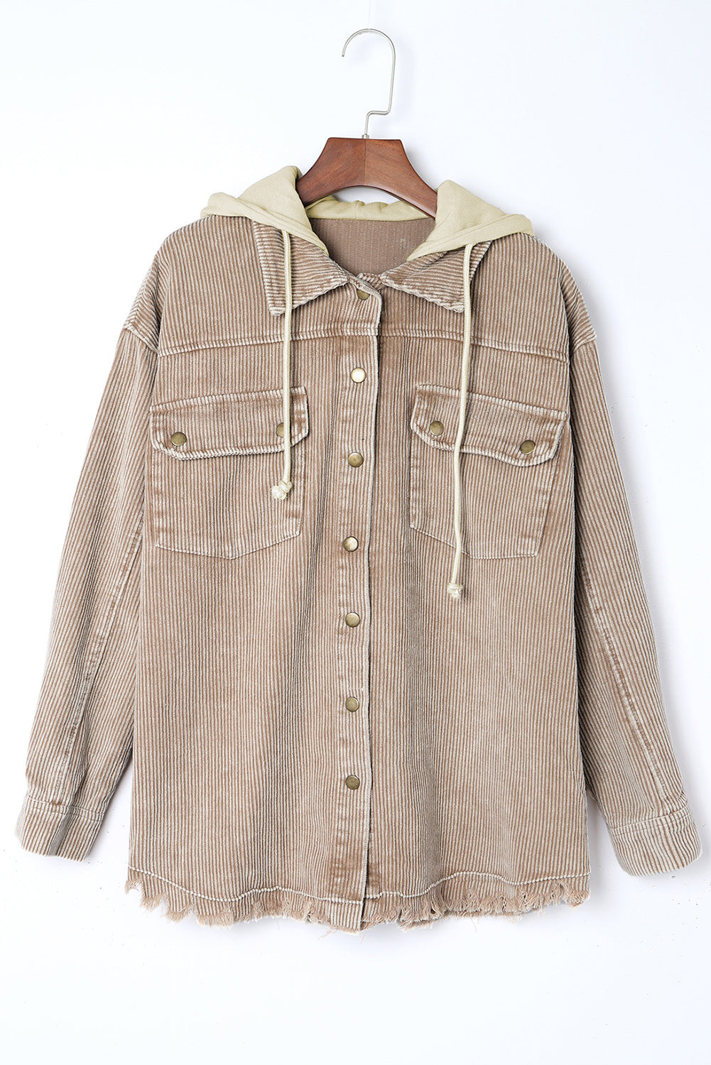 Khaki Patchwork Hooded Corduroy Shacket - SELFTRITSS   