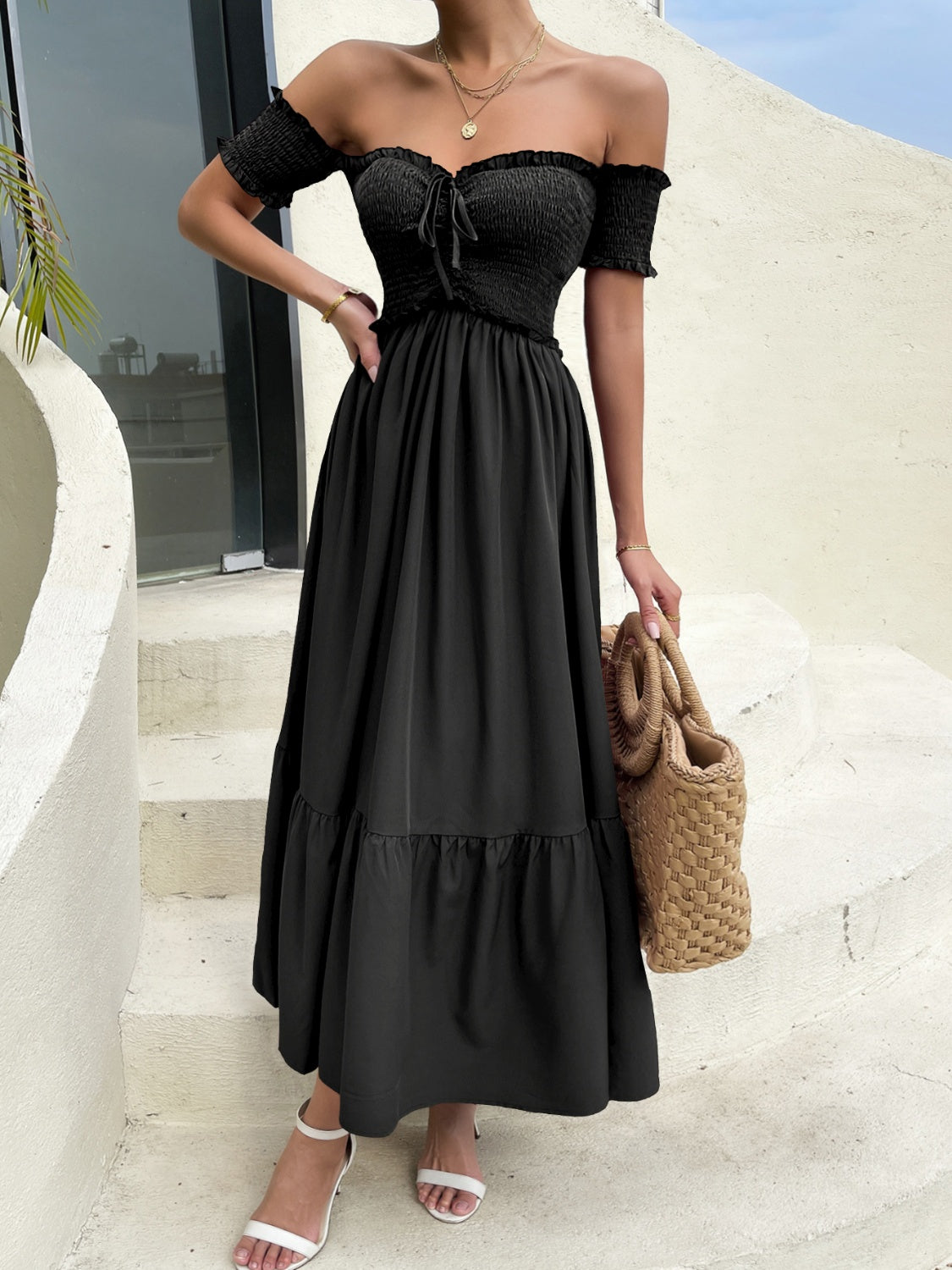 Off-Shoulder Short Sleeve Midi Dress - SELFTRITSS   