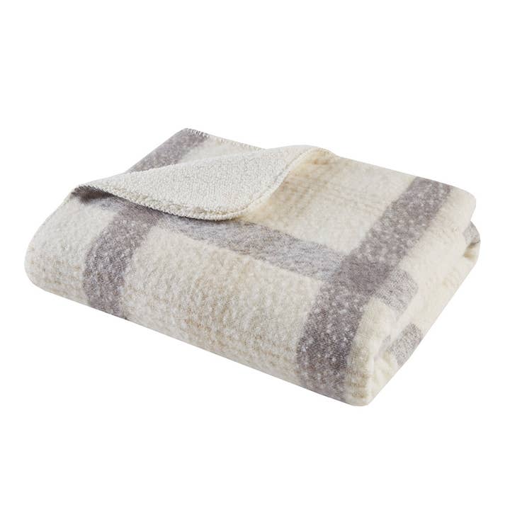 Plaid Faux Mohair Sherpa Throw 50x60", Ivory - SELFTRITSS