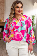 Pink Plus Size Graffiti Print Split Neck Puff Sleeve Blouse - SELFTRITSS