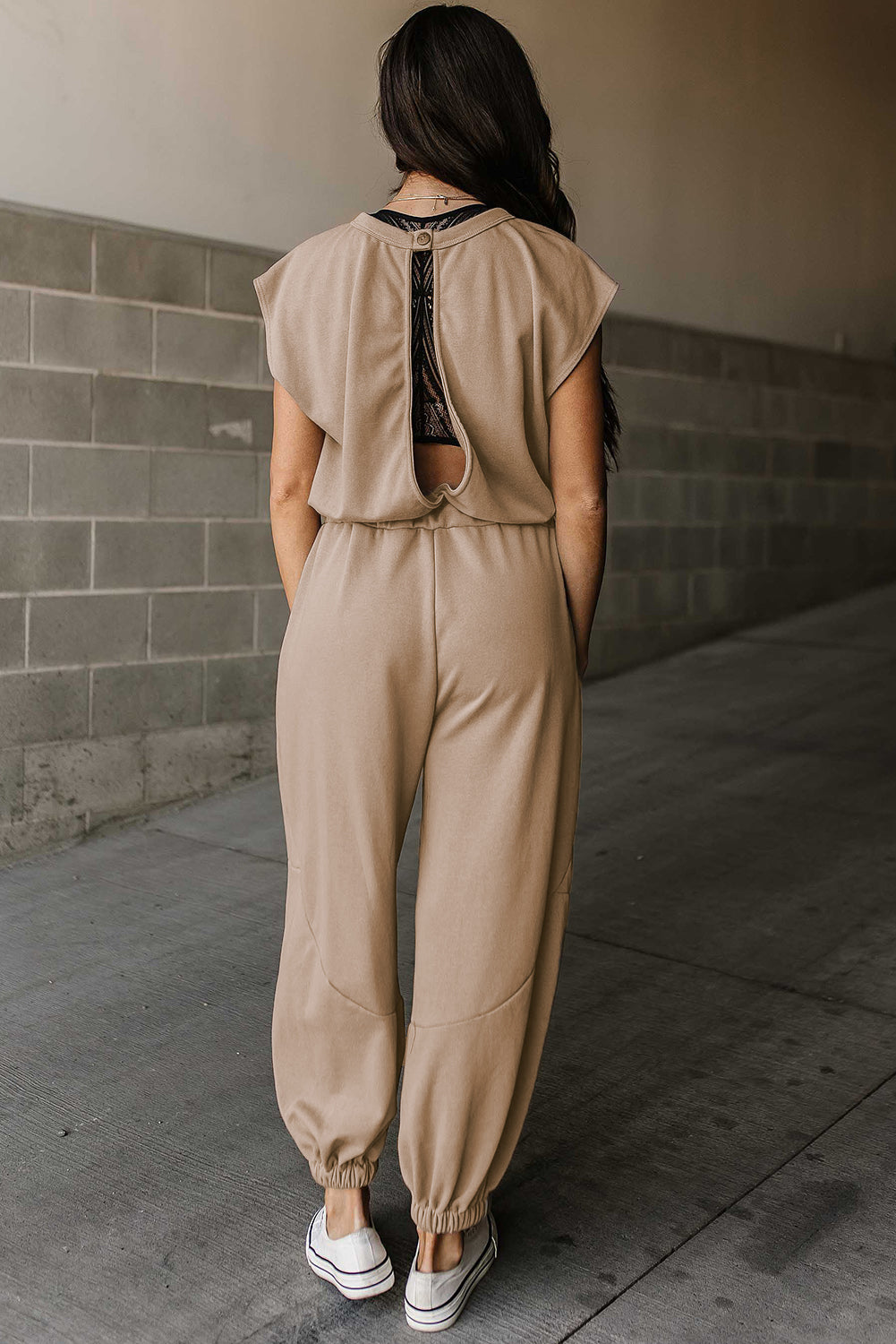 Light French Beige Cap Sleeve Open Back Drawstring Jogger Jumpsuit - SELFTRITSS