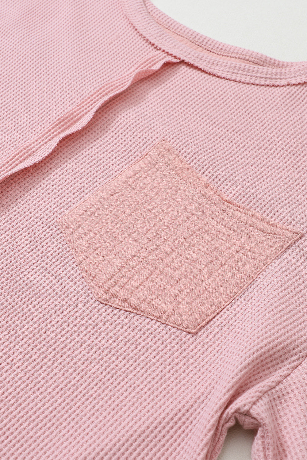 Pink Exposed Seam Patchwork Bubble Sleeve Waffle Knit Top - SELFTRITSS   