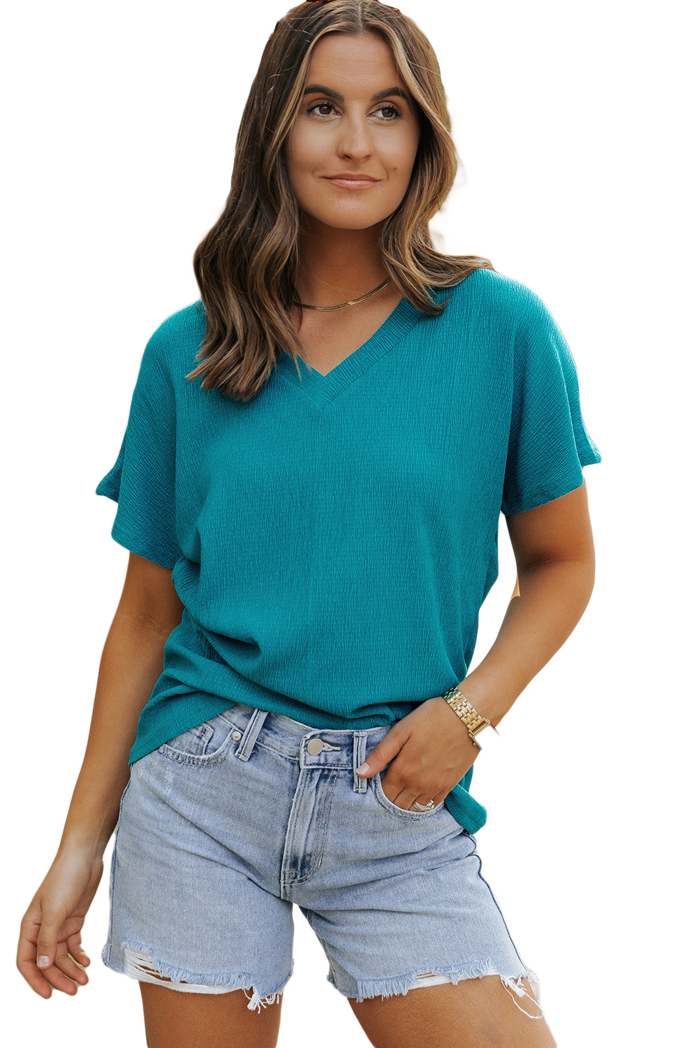 Blue Sapphire Crinkled V Neck Wide Sleeve T-shirt - SELFTRITSS