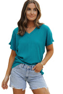 Blue Sapphire Crinkled V Neck Wide Sleeve T-shirt - SELFTRITSS