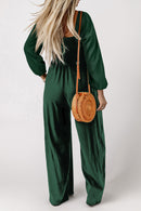 Green Smocked Square Neck Long Sleeve Wide Leg Jumpsuit - SELFTRITSS   