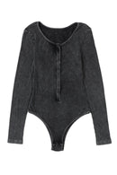 Black Mineral Wash Ribbed Snap Buttons Long Sleeve Bodysuit - SELFTRITSS