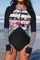 Floral Striped Patchwork Rashguard One-piece Swimsuit - SELFTRITSS