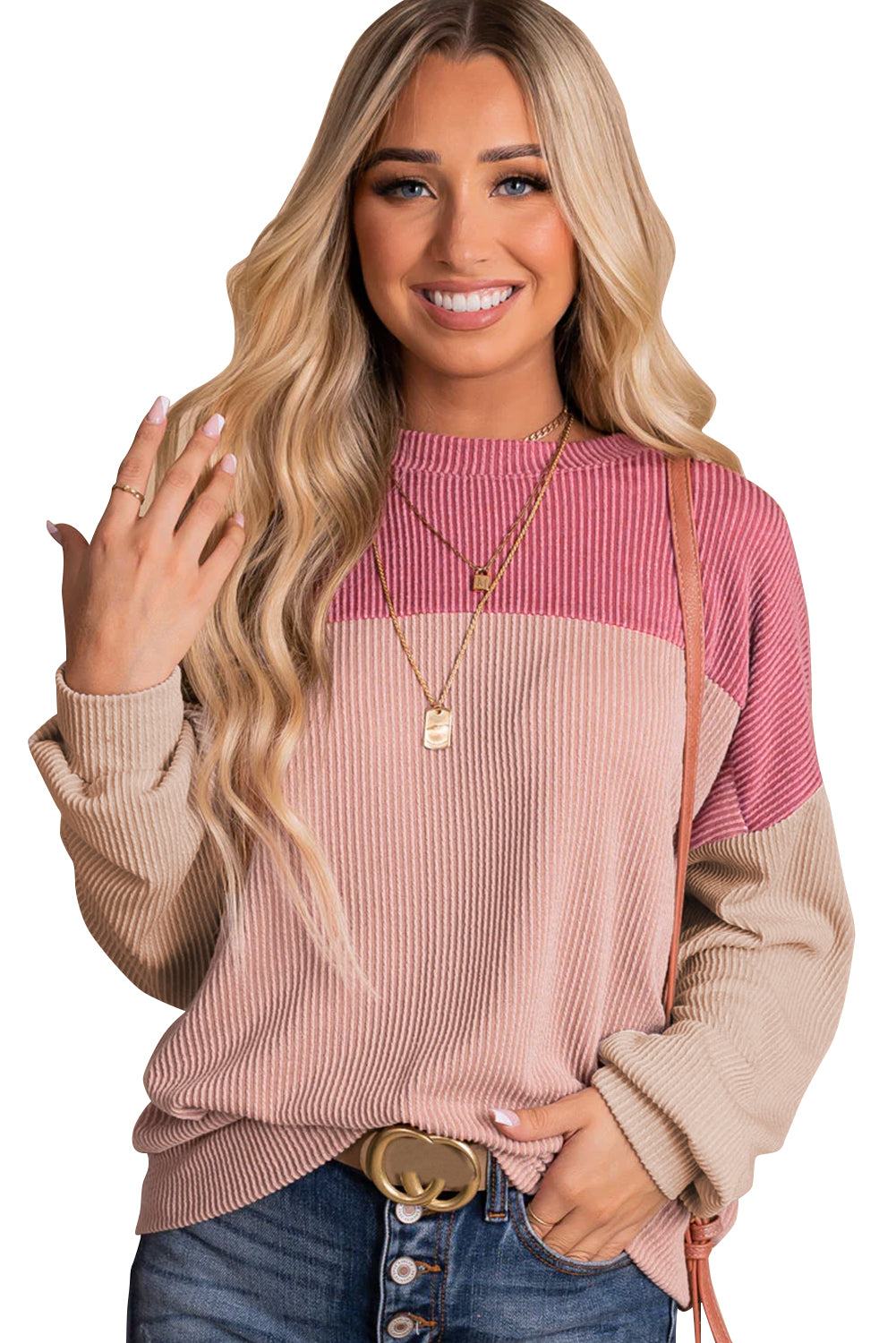 Pink Color Block Long Sleeve Ribbed Loose Top - SELFTRITSS   