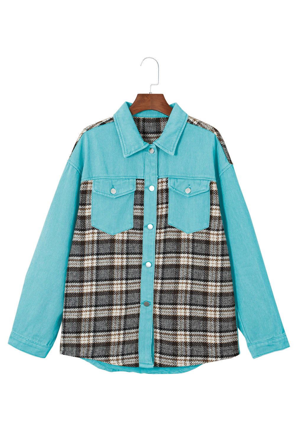 Sky Blue Plaid Patchwork Pockets Denim Jacket - SELFTRITSS   