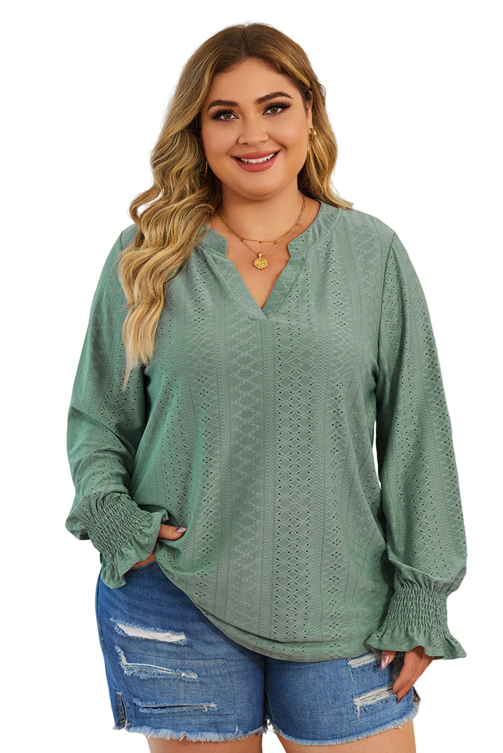 Green Eyelet Jacquard Split Neck Flounce Sleeve Plus Size Blouse - SELFTRITSS