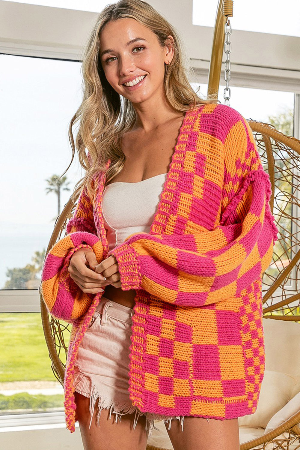 Multicolor Open Front Mixed Checkered Pattern Knit Cardigan - SELFTRITSS