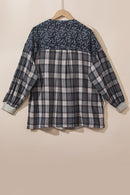 Navy Blue Mixed Print Half Buttons Plus Size Pullover Top