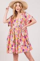 Floral Short Sleeve Babydoll Dress with Pockets - SELFTRITSS   