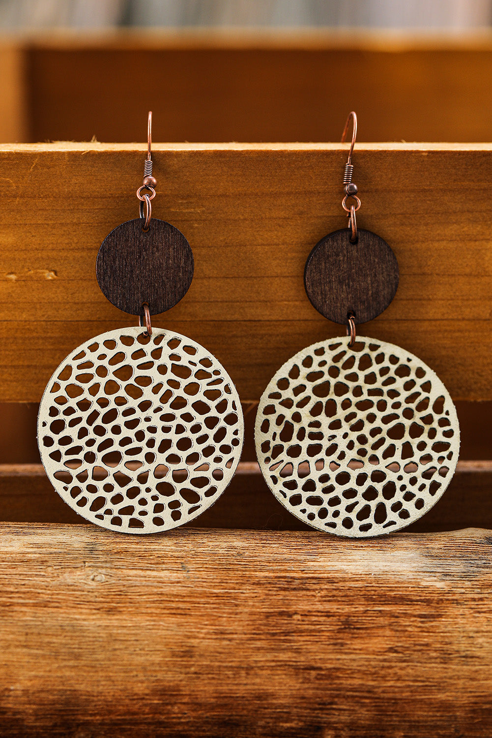 Beige Hollow Out Wooden Round Drop Earrings - SELFTRITSS