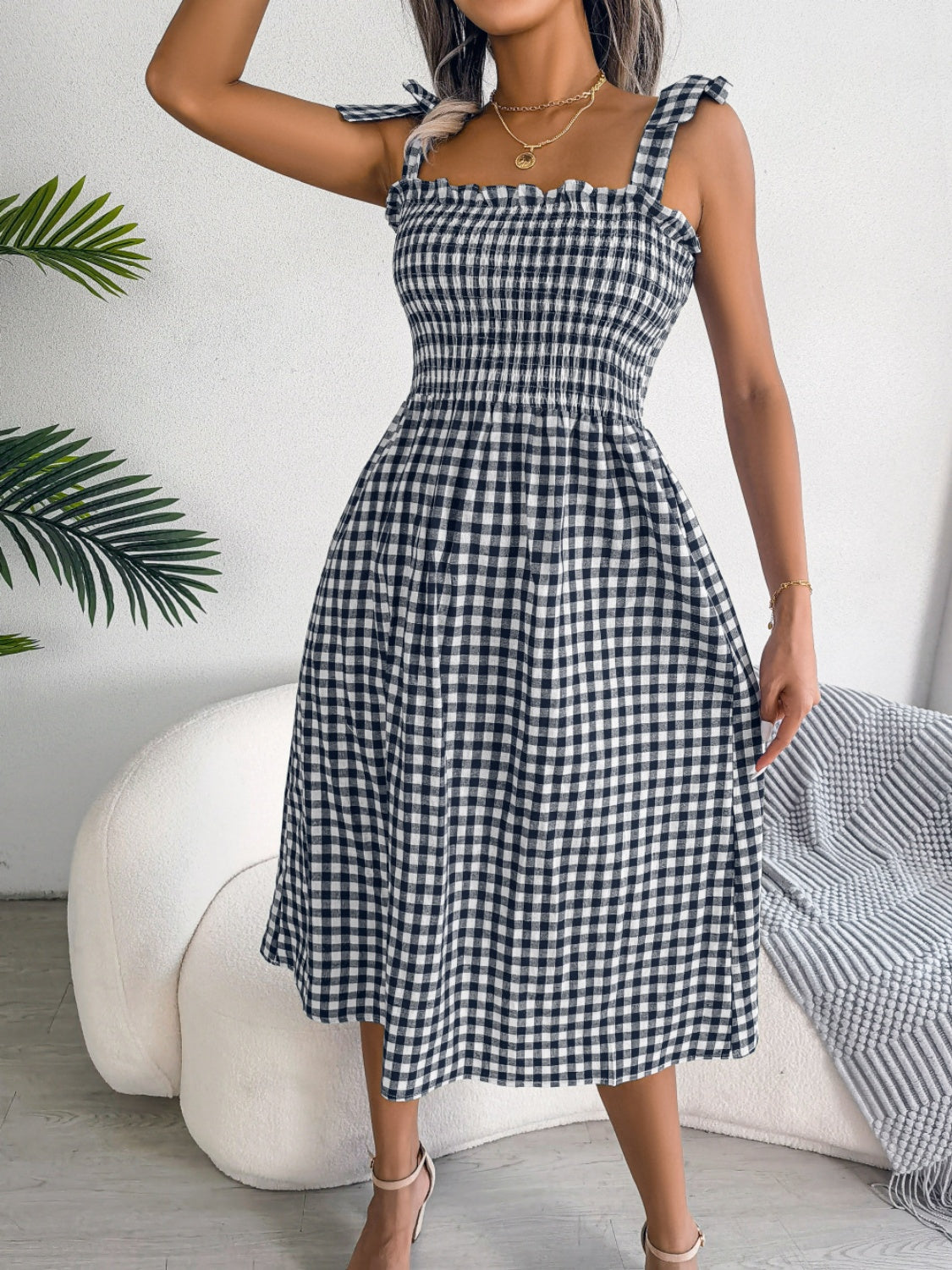 Frill Plaid Square Neck Midi Dress - SELFTRITSS   