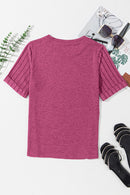 Bright Pink Ribbed Splicing Sleeve Round Neck T-shirt - SELFTRITSS