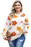 White Plus Size Flower Pattern Ribbed Trim Casual Sweater - SELFTRITSS