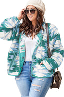 Green Geometric Aztec Pattern Plus Size Fleece Jacket - SELFTRITSS