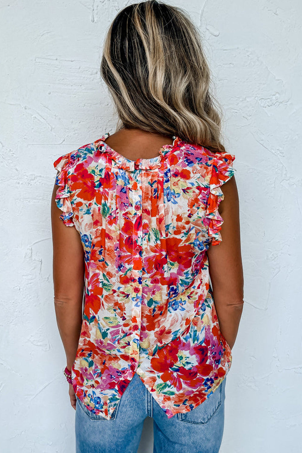 Red Frilled Neck Pleated Boho Floral Tank Top - SELFTRITSS   