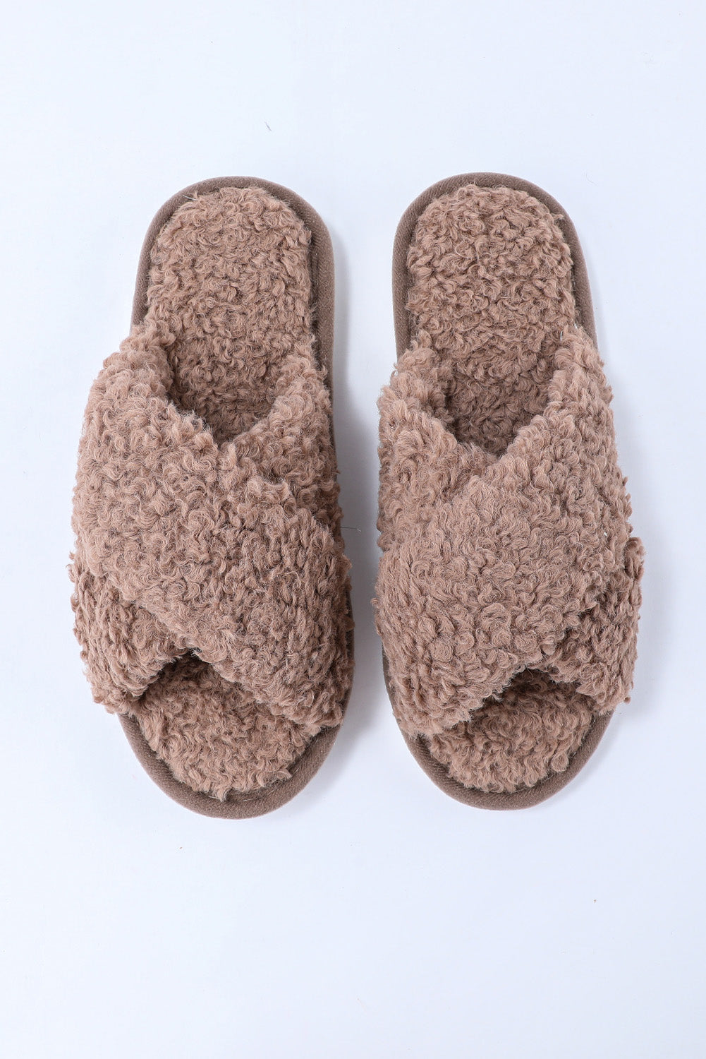 Brown Teddy Fur Cross Straps Home Slippers - SELFTRITSS