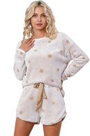 White Plush Star Pattern Long Sleeve Pullover and Shorts Lounge Set - SELFTRITSS