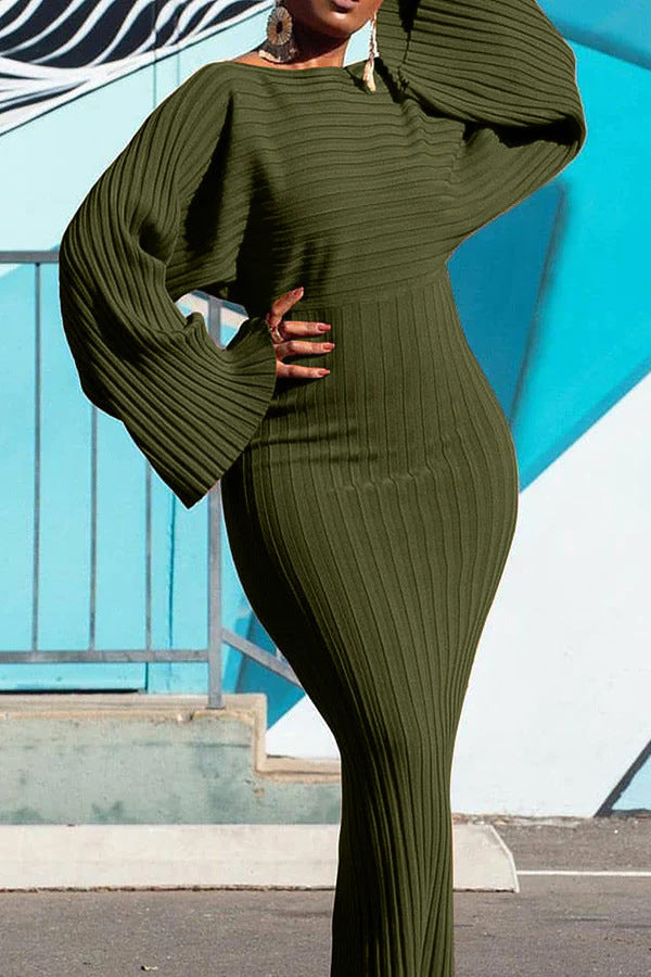 Plus Size Ribbed Frilled Long Sleeve Maxi Dress